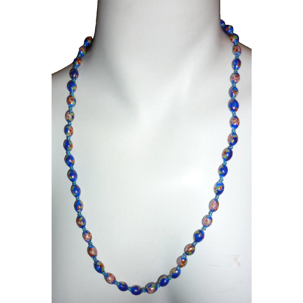 Vintage Dark Blue Cloisonne Bead Necklace Beaded 22" Gold Plate Clasp Enamel